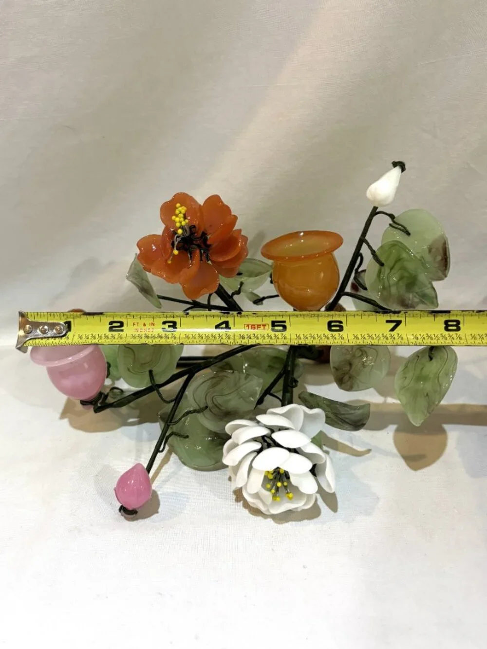 Vintage Hand Carved Jade & Stone Floral Candle Holder Centerpiece AS IS